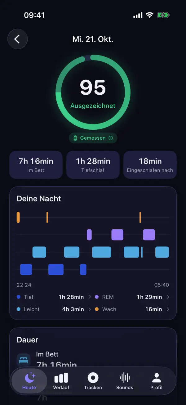 Heute-Bildschirm von SleepKit mit Schlaf-Score, Schlafzeiten und Phasen der letzten Nacht