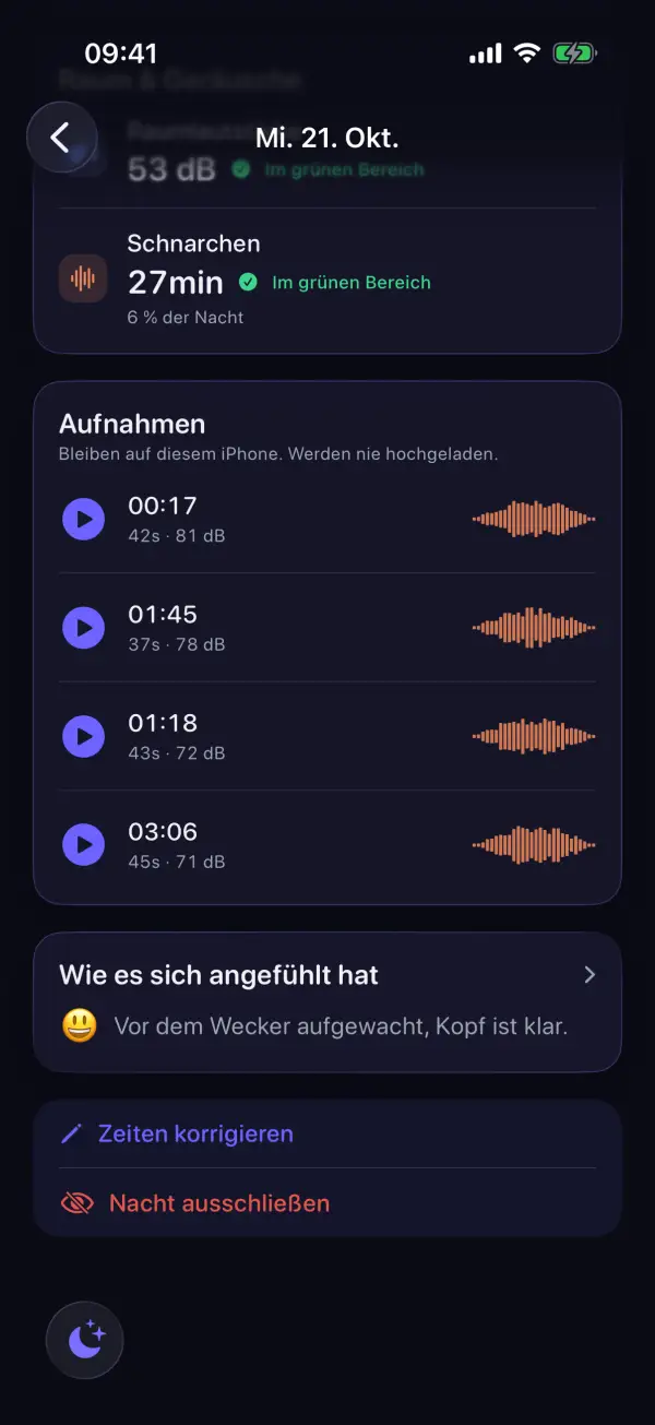 Schnarchanteil der Nacht und vier Aufnahmen mit Uhrzeit, Dauer und Lautstärke
