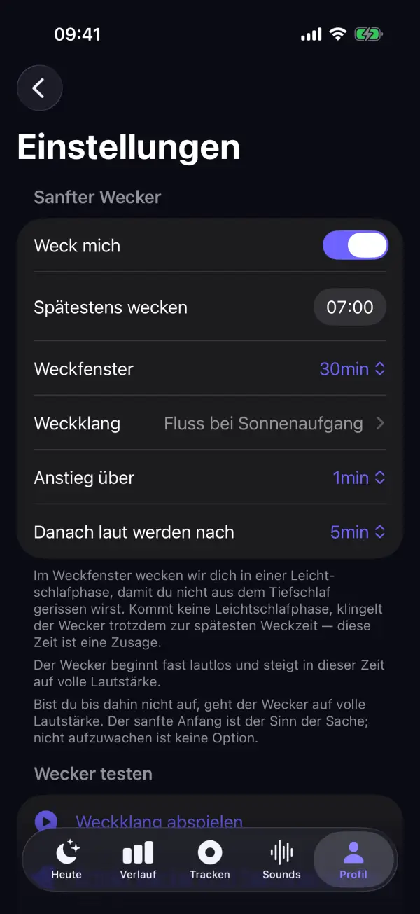 Einstellungen des sanften Weckers mit Weckzeit 07:00 und 30 Minuten Weckfenster