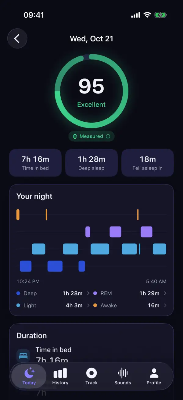 SleepKit Today screen with sleep score, sleep times and stages from last night