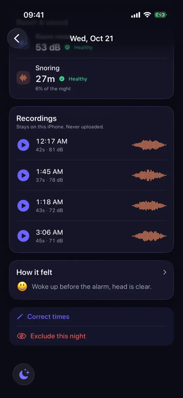 Snoring share of the night and four recordings with time, length and volume