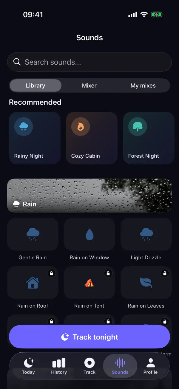 Sound library with recommendations and rain sounds
