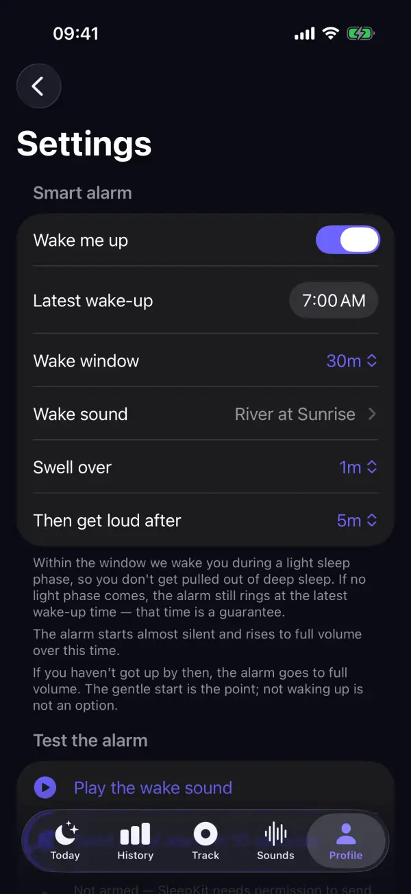 Smart alarm settings with a 7:00 AM wake-up and a 30-minute window